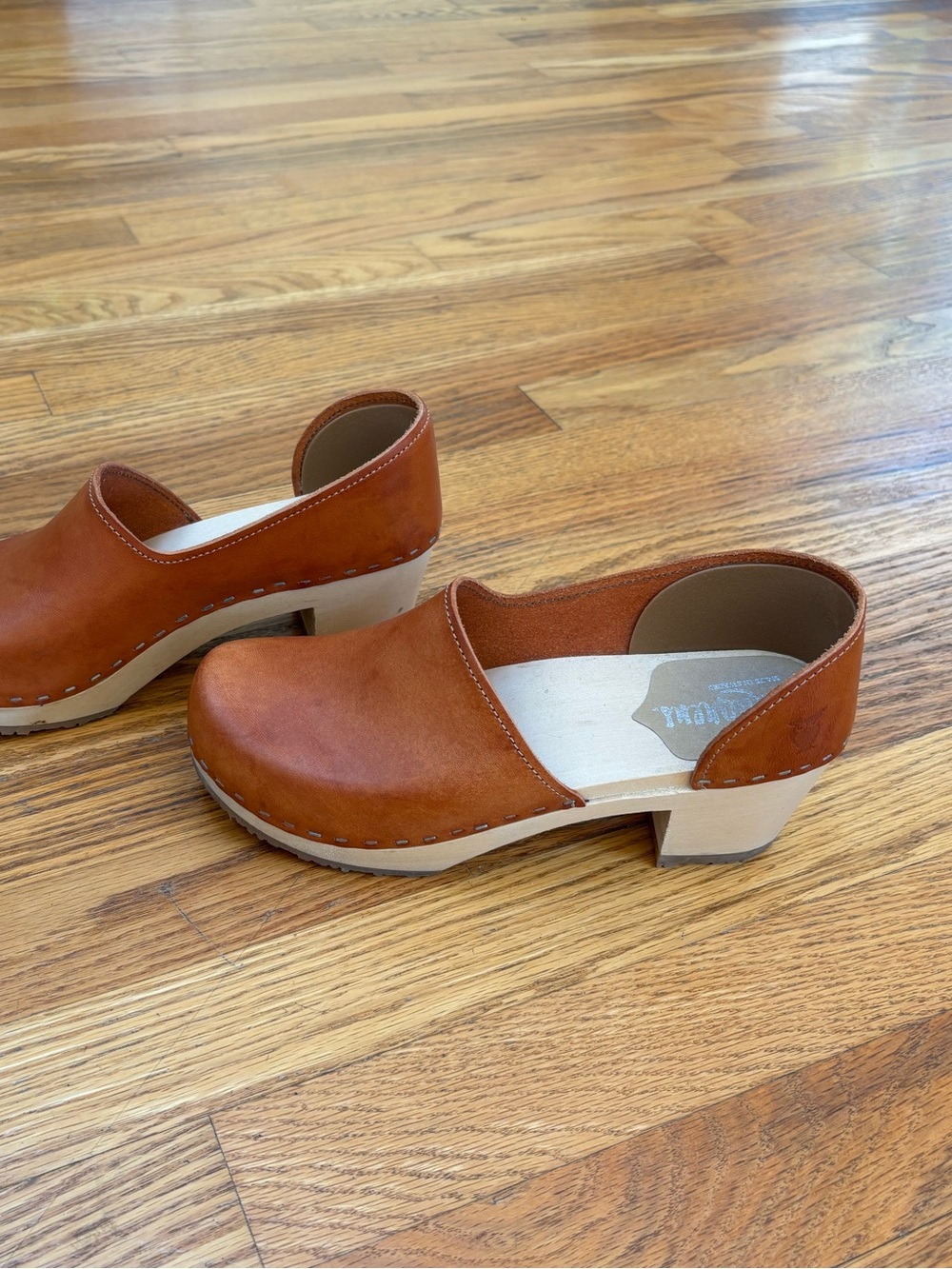 Medium brown leather Swedish hasbeens with open sides and heels size 39